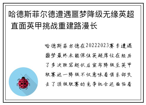 哈德斯菲尔德遭遇噩梦降级无缘英超 直面英甲挑战重建路漫长