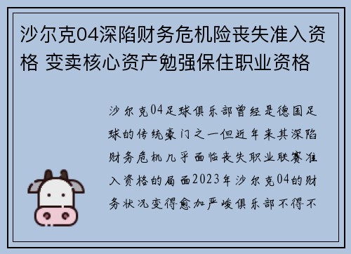 沙尔克04深陷财务危机险丧失准入资格 变卖核心资产勉强保住职业资格